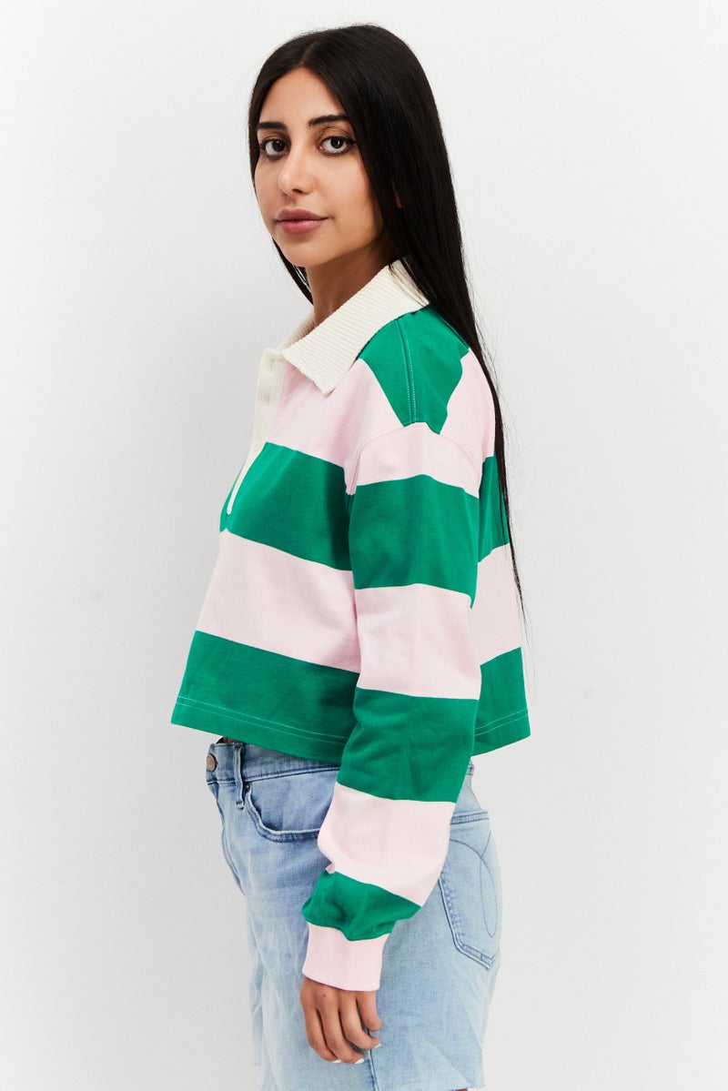 ESPRIT Women Spread Collar Long Sleeve Color Block Top, Green/Pink - Image 4