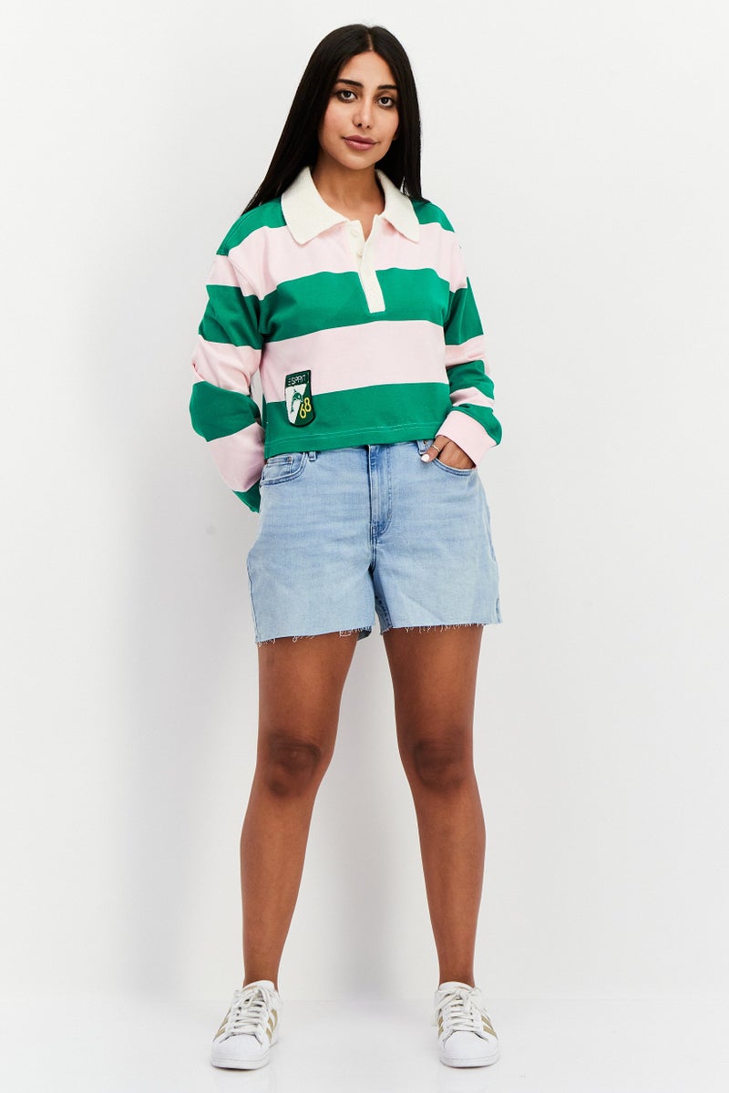 ESPRIT Women Spread Collar Long Sleeve Color Block Top, Green/Pink - Image 2