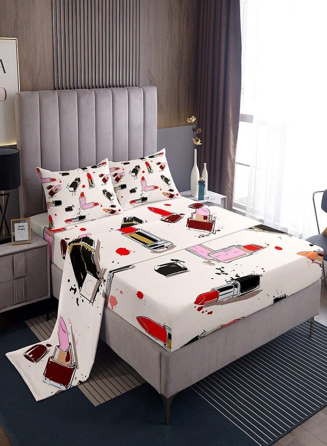 Homewish Girls Fashion Beauty Sheet Set Queen Size Lipstick Makeups Theme Bedding Set 4Pcs for Women Teens Room Decor Modern Black Red Pink Bed Sheet Soft Microfiber Fitted + Flat Sheet,2 Pillowcases - Image 1