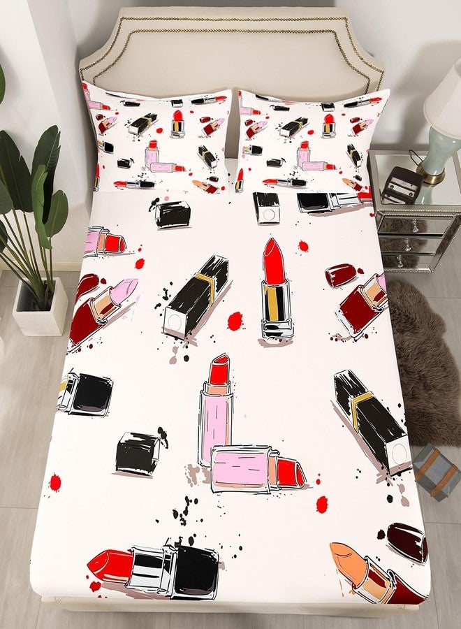Homewish Girls Fashion Beauty Sheet Set Queen Size Lipstick Makeups Theme Bedding Set 4Pcs for Women Teens Room Decor Modern Black Red Pink Bed Sheet Soft Microfiber Fitted + Flat Sheet,2 Pillowcases - Image 3