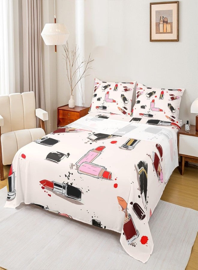 Homewish Girls Fashion Beauty Sheet Set Queen Size Lipstick Makeups Theme Bedding Set 4Pcs for Women Teens Room Decor Modern Black Red Pink Bed Sheet Soft Microfiber Fitted + Flat Sheet,2 Pillowcases - Image 4