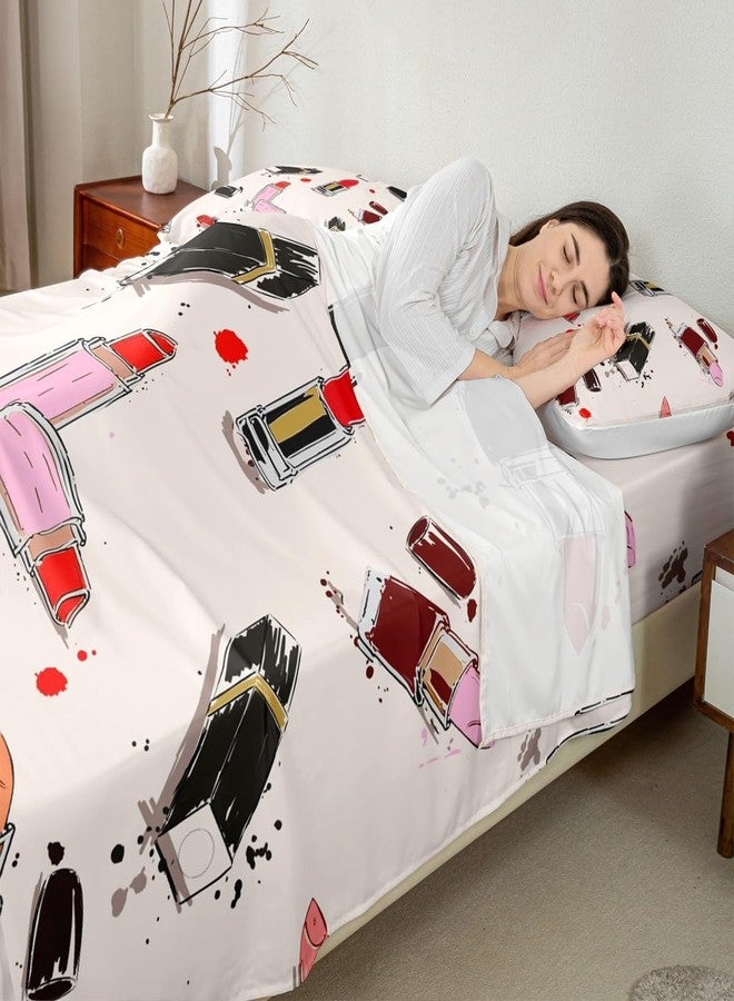 Homewish Girls Fashion Beauty Sheet Set Queen Size Lipstick Makeups Theme Bedding Set 4Pcs for Women Teens Room Decor Modern Black Red Pink Bed Sheet Soft Microfiber Fitted + Flat Sheet,2 Pillowcases - Image 5