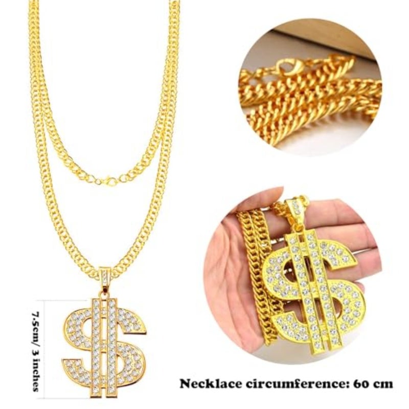 80S 90S Hip Hop Costume Kit For Men Rapper Sunglasses Gold Rope Chain Bracelet Dollar Sign Chain Kanji Ring Halloween Party Costume - Image 3