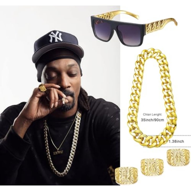 80S 90S Hip Hop Costume Kit For Men Rapper Sunglasses Gold Rope Chain Bracelet Dollar Sign Chain Kanji Ring Halloween Party Costume - Image 4