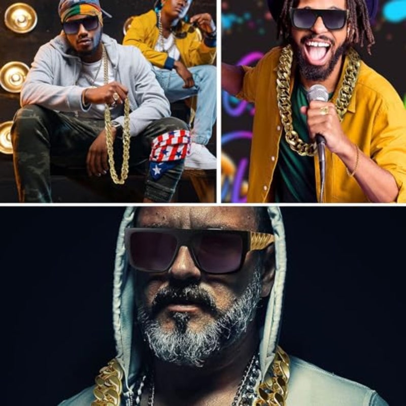 80S 90S Hip Hop Costume Kit For Men Rapper Sunglasses Gold Rope Chain Bracelet Dollar Sign Chain Kanji Ring Halloween Party Costume - Image 5