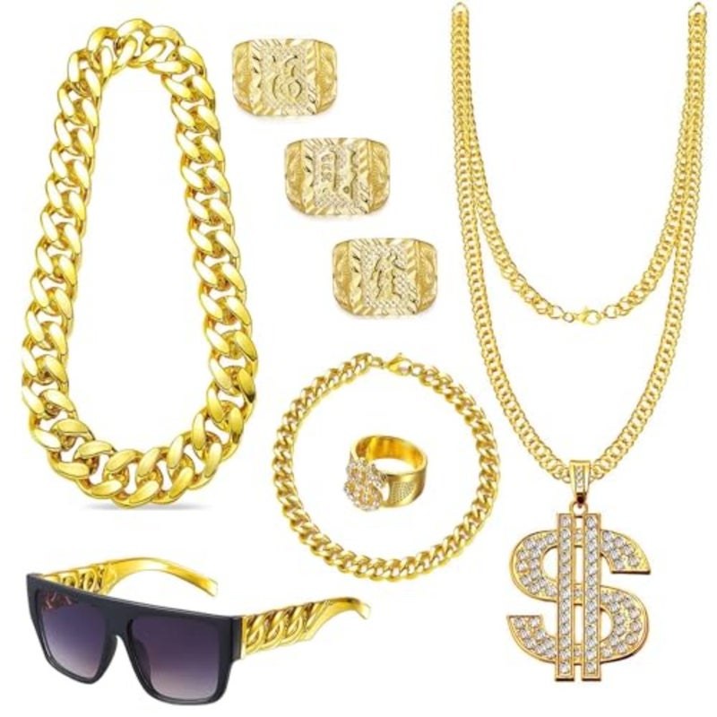 80S 90S Hip Hop Costume Kit For Men Rapper Sunglasses Gold Rope Chain Bracelet Dollar Sign Chain Kanji Ring Halloween Party Costume - Image 1
