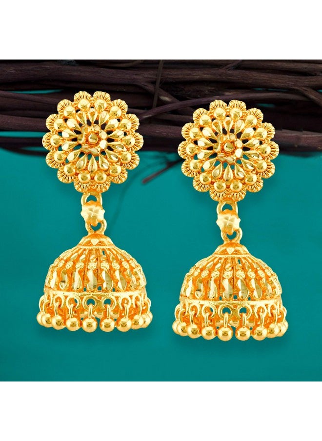 MEENAZ - MEENAZ Traditional South Indian Temple Brass, Gold Plated & Copper and Crystal Jhumki Earrings for Women & Girls, Yellow - Image 1