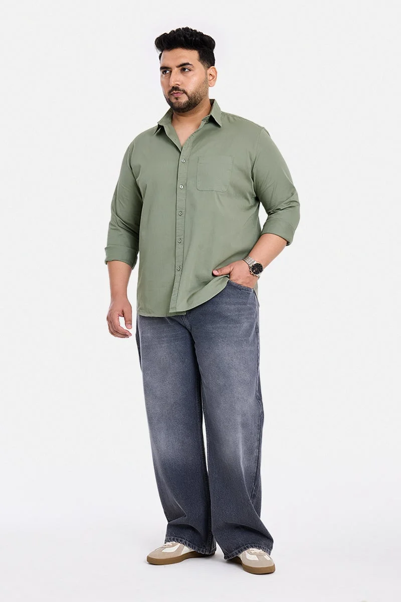 SNITCH Sage Green Solid Long Sleeve Regular Fit Casual Plus Size Shirt
