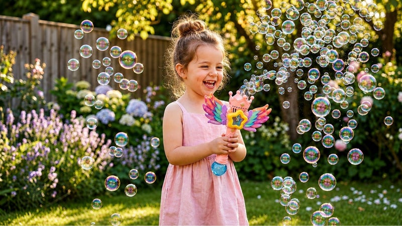 O2. Magic Bubble Wand with Wings – Automatic Bubble Blower Toy for Kids – Rechargeable Battery – Includes Charging Cable & 80ML Bubble Solution – Pink Edition - Image 4