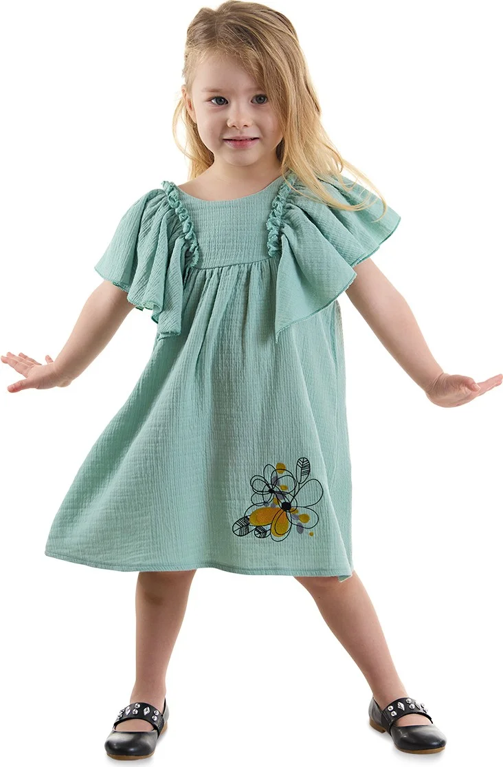 Denokids Floral Baby Girl Green Muslin Dress