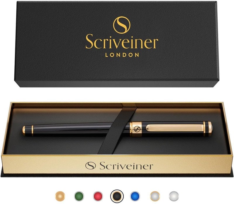 Scriveiner Black Lacquer Rollerball Pen - Stunning Luxury Pen, Real Gold Plating, Schmidt Ink Refill, Best Roller Ball Gift Set for Men & Women, Professional, Executive Office, Nice Pens - Image 1