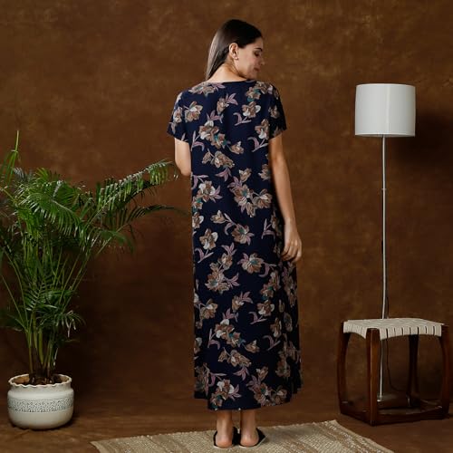 MomToBe Women's Cotton Maxi A-Line Nursing Nighty with Zippers for Nursing Pre and Post Pregnancy (Navy Blue ; Free Size) - Image 3