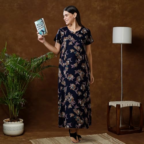 MomToBe Women's Cotton Maxi A-Line Nursing Nighty with Zippers for Nursing Pre and Post Pregnancy (Navy Blue ; Free Size) - Image 2