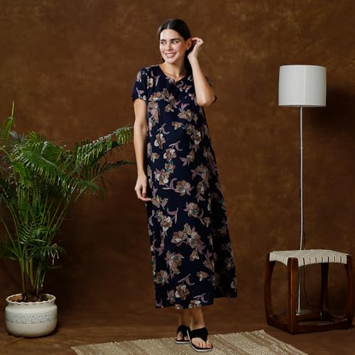 MomToBe Women's Cotton Maxi A-Line Nursing Nighty with Zippers for Nursing Pre and Post Pregnancy (Navy Blue ; Free Size) - Image 5