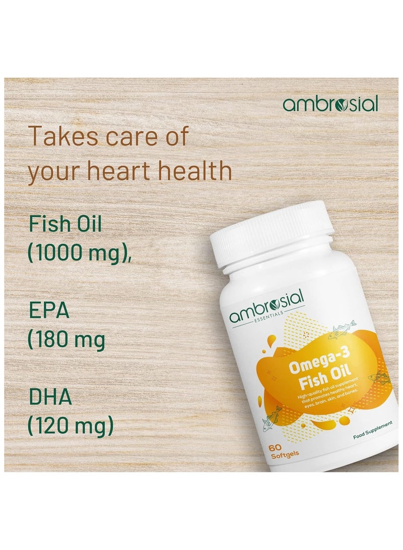 ambrosial Omega 3 Fish Oil Supplement 1000Mg With 180Mg Epa And 120Mg Dha Premium Fatty Acids Supports Heart, Brain Andeye Health 1000Mg Per Tablet Pack Of 2-120 Softgel  - Image 2