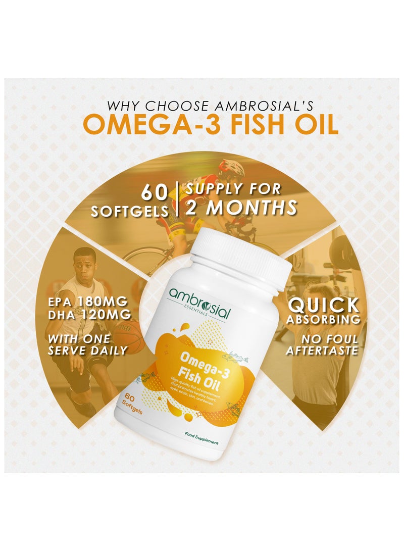 ambrosial Omega 3 Fish Oil Supplement 1000Mg With 180Mg Epa And 120Mg Dha Premium Fatty Acids Supports Heart, Brain Andeye Health 1000Mg Per Tablet Pack Of 2-120 Softgel  - Image 3