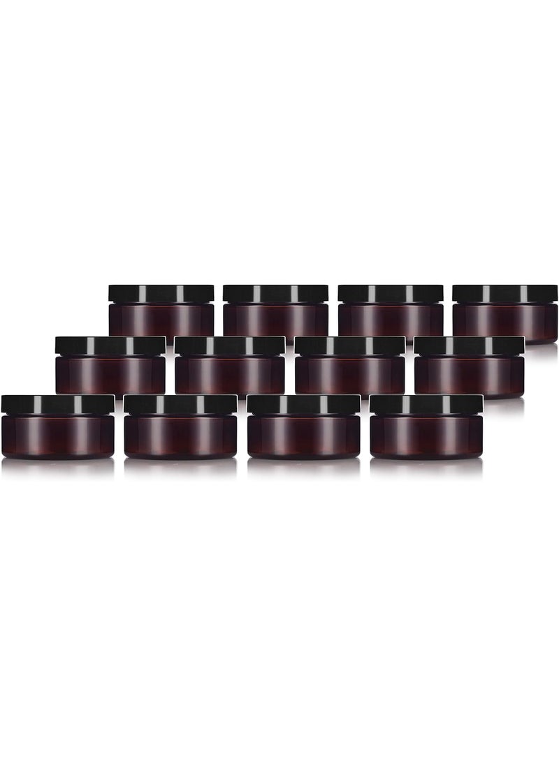 JUVITUS - 8 oz Amber PET Plastic Refillable Low Profile Jar Black Smooth Lid (12 pack) - Image 1