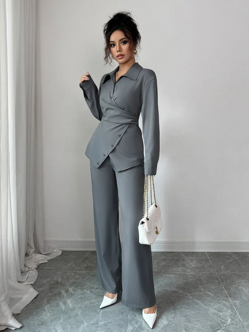 Outzidr  Grey Full Sleeve Wrap Shirt And Pant Set for Women | Best Price UAE