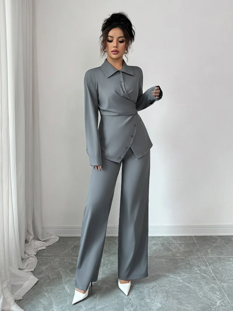 Outzidr  Grey Full Sleeve Wrap Shirt And Pant Set for Women | Best Price UAE