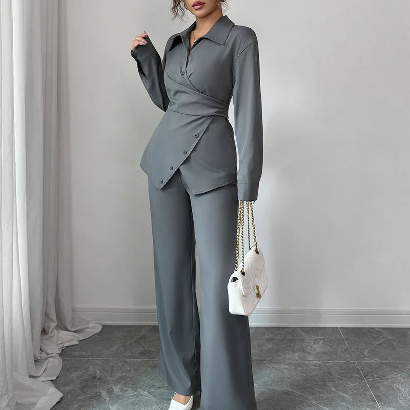 Outzidr  Grey Full Sleeve Wrap Shirt And Pant Set for Women | Best Price UAE