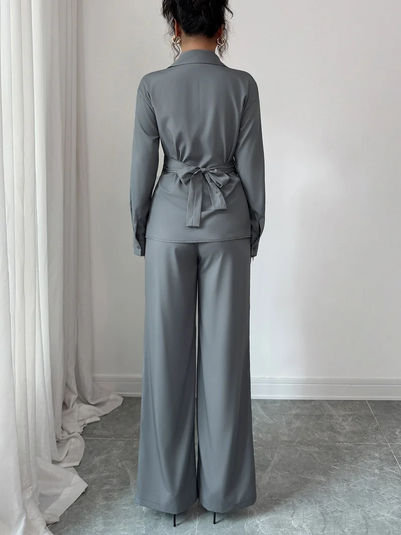 أوجيدر Grey Full Sleeve Wrap Shirt And Pant Set