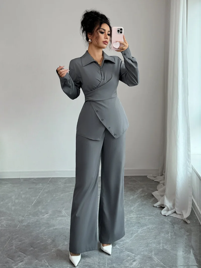 Outzidr  Grey Full Sleeve Wrap Shirt And Pant Set for Women | Best Price UAE