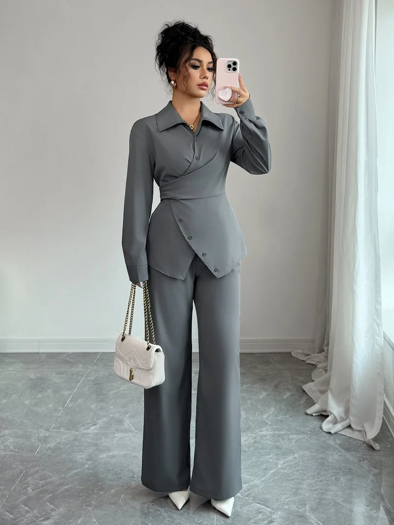 أوجيدر Grey Full Sleeve Wrap Shirt And Pant Set