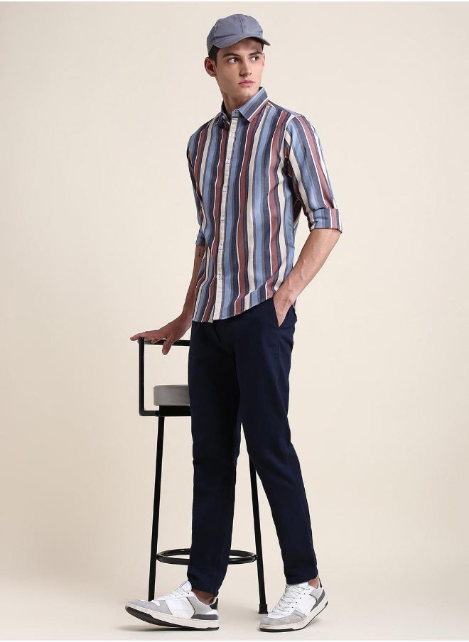 Dennis Lingo - Red Slim Fit Cotton Striped Shirt for Men - Spread Collar, Full Sleeves, Casual, - Image 1