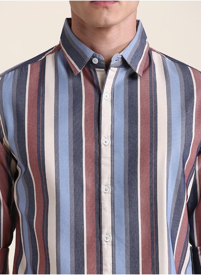 Dennis Lingo - Red Slim Fit Cotton Striped Shirt for Men - Spread Collar, Full Sleeves, Casual, - Image 1