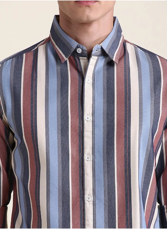 دينيس لينغو Red Slim Fit Cotton Striped Shirt for Men - Spread Collar, Full Sleeves, Casual