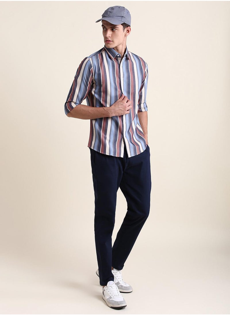 Dennis Lingo - Red Slim Fit Cotton Striped Shirt for Men - Spread Collar, Full Sleeves, Casual, - Image 1