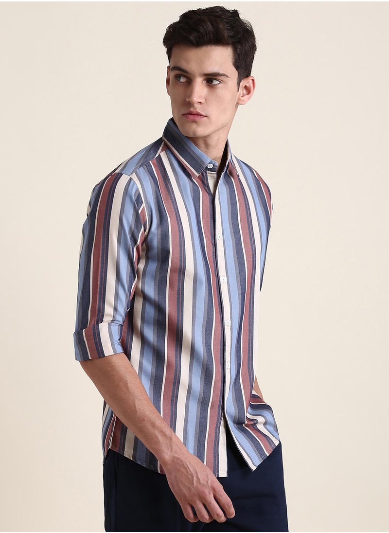 Dennis Lingo - Red Slim Fit Cotton Striped Shirt for Men - Spread Collar, Full Sleeves, Casual, - Image 1