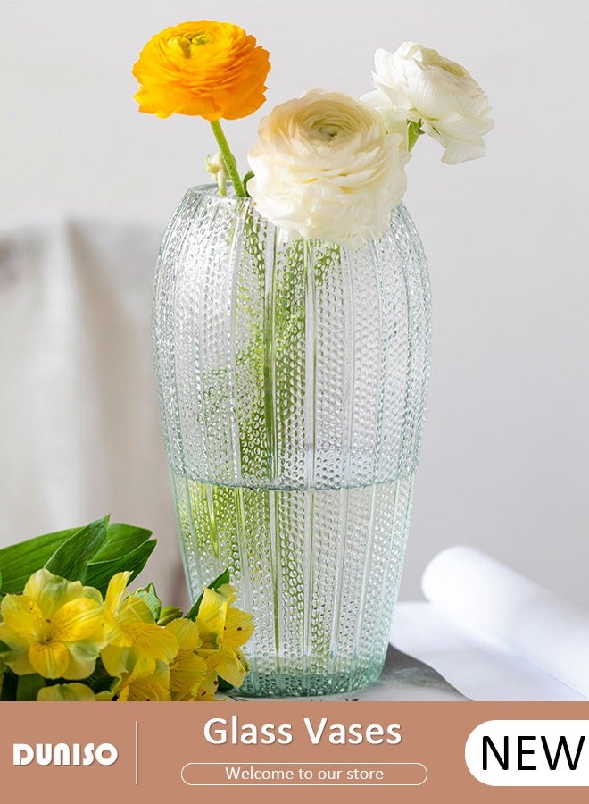 DUNISO Clear Glass Vase, Modern Decorative Vase, Large Irregular Shape Vintage Flower Vase, Minimalist Ins Style Embossed Glass Vase for Wedding Table Decorations Centerpieces, Crystal Vase for Living Room, Bedroom, Kitchen, Dining Table, Mantle  - Image 1