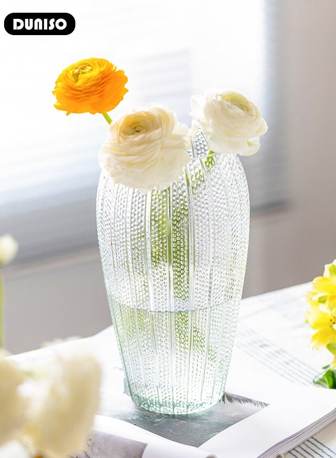 DUNISO Clear Glass Vase, Modern Decorative Vase, Large Irregular Shape Vintage Flower Vase, Minimalist Ins Style Embossed Glass Vase for Wedding Table Decorations Centerpieces, Crystal Vase for Living Room, Bedroom, Kitchen, Dining Table, Mantle  - Image 4