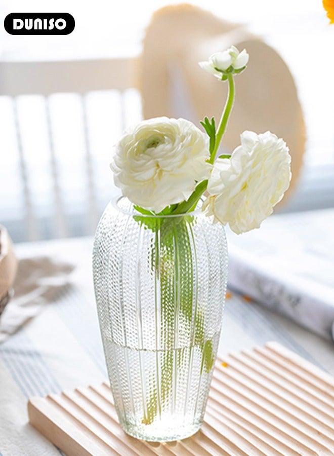 DUNISO Clear Glass Vase, Modern Decorative Vase, Large Irregular Shape Vintage Flower Vase, Minimalist Ins Style Embossed Glass Vase for Wedding Table Decorations Centerpieces, Crystal Vase for Living Room, Bedroom, Kitchen, Dining Table, Mantle  - Image 5