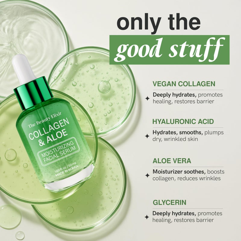 The Beauty Elixir Aloe & Collagen Serum For Face - Dermatologist Tested, Anti-Aging, Ultra Hydrating Aloe Vera Gel For Face - Natural Ingredients, Clean Beauty, Cruelty-Free Korean Skin Care - 1.69 oz - Image 4