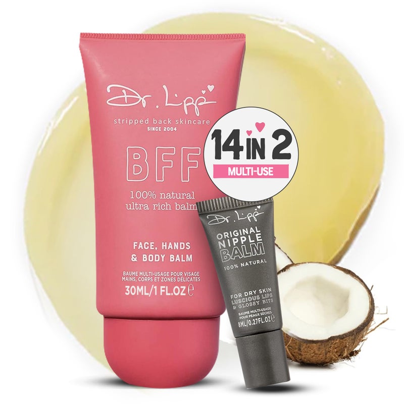 DR. LIPP Dry Skin Heroes [BFF ultra rich Balm 30ml & Original Nipple Balm 8ml] – 14-in-TWO Multi-Use Balms for Lips, Nipples & More – 100% Natural Coconut Oil & Lanolin – Fragrance & Cruelty Free - Image 1