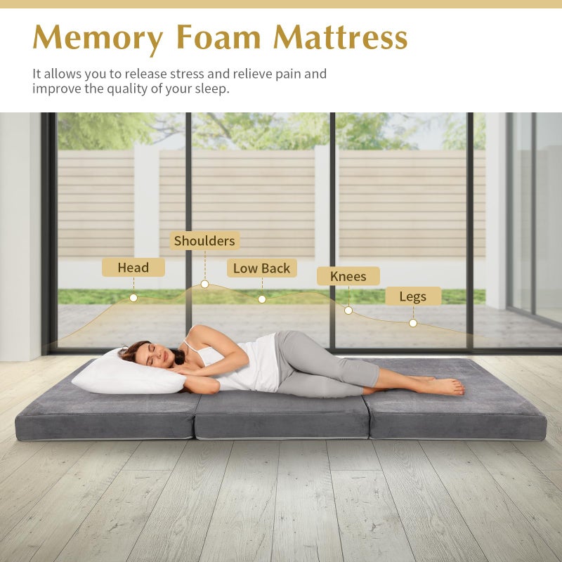 FAHKNS Tri-Fold Memory Foam Mattress,Single Folding Mattress with Handles and Washable Covers,Portable Floor Bed Foldable Mat for Travel & Camping & Yoga,75" x 38" x 4" - Image 2