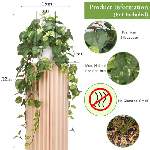 CEWOR Fake Plants Artificial Plants Indoor Faux Plant for Home Decor Silk Realistic Hanging Plants Potted Aesthetic Fake Pothos for Shelves Office Bedroom Bathroom Decor (Green) - Image 2