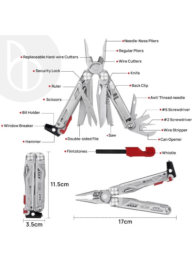 BIBURY Multitool Pliers, 22-in-1 Stainless Steel Multi Tool with Flint, Window Breaker, Scissors, Back Clip, Folding Pocket Multifunctional Tool for Outdoor Survival Camping Hiking, Gifts for Dad - Image 4