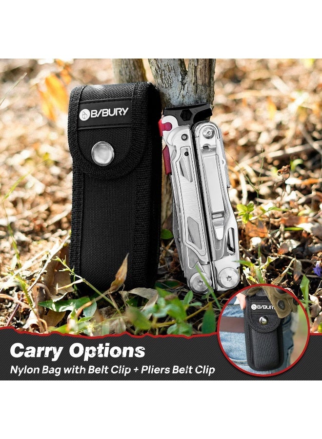 BIBURY Multitool Pliers, 22-in-1 Stainless Steel Multi Tool with Flint, Window Breaker, Scissors, Back Clip, Folding Pocket Multifunctional Tool for Outdoor Survival Camping Hiking, Gifts for Dad - Image 5