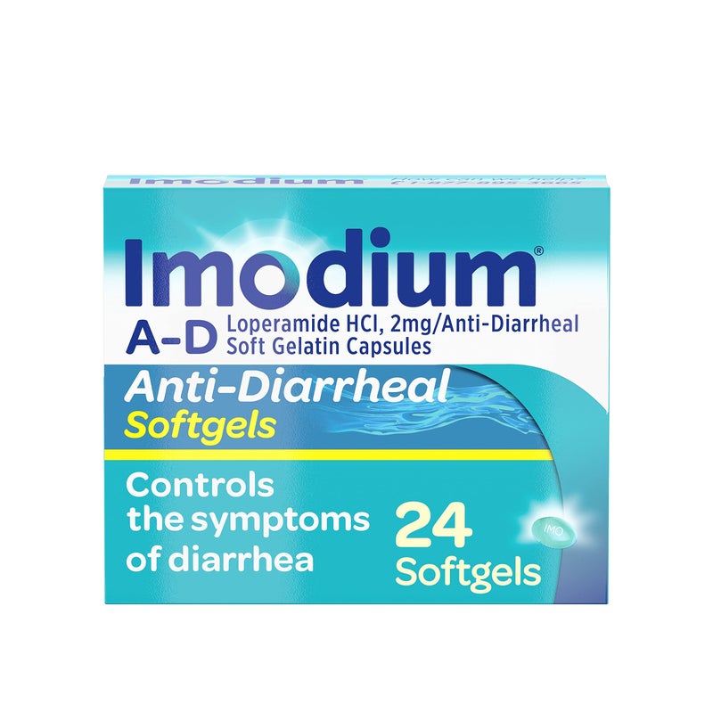 Imodium A-D Fast-Acting Anti-Diarrheal Softgels, Loperamide HCl 2 mg, Travel Essential Diarrhea Relief Medicine for Adults, 24 Count, Anti Diarrhea Pills, Ages 12+, Easy to Swallow - Image 1