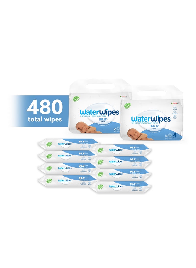 WaterWipes Sensitive+ Newborn & Baby Wipes, 480 Count (8 Packs), 3-In-1 Cleans, Cares, Protects, 99.9% Water, Unscented - Image 1