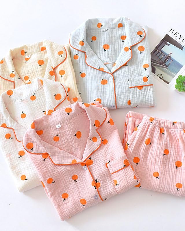 codcm Womens Cotton Gauze Pajama Set Long Sleeve Button Up Shirt and Pants 2 Piece Cute Printed Pj Set - Image 3