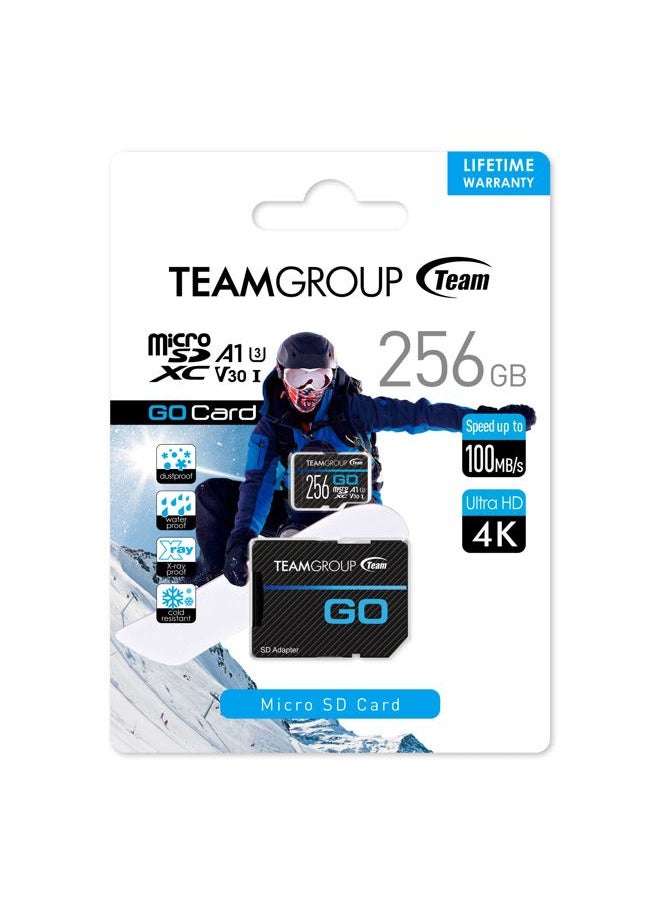 TeamGroup - GO Card 256GB Micro SDXC UHS-I U3 V30 4K for GoPro & Action Cameras High Speed Flash Memory Card with Adapter for Outdoor, Sports, 4K Shooting TGUSDX256GU303 - Image 1