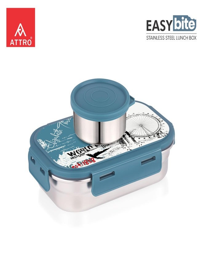 ATTRO علبة غداء ATTRO Easy Bite من الفولاذ المقاوم للصدأ، بهيكل داخلي من الفولاذ، وغطاء محكم الإغلاق بأربعة جوانب، وختم سيليكون مانع للتسرب، علبة صغيرة مثالية للمكتب والمدرسة ووجبات الأطفال - 650 مل + 150 مل - لون أزرق مستوحى من رحلة لندن - Image 2