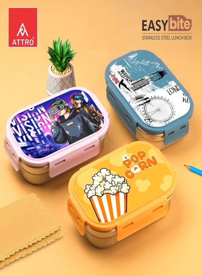 ATTRO علبة غداء ATTRO Easy Bite من الفولاذ المقاوم للصدأ، بهيكل داخلي من الفولاذ، وغطاء محكم الإغلاق بأربعة جوانب، وختم سيليكون مانع للتسرب، علبة صغيرة مثالية للمكتب والمدرسة ووجبات الأطفال - 650 مل + 150 مل - لون أزرق مستوحى من رحلة لندن - Image 4