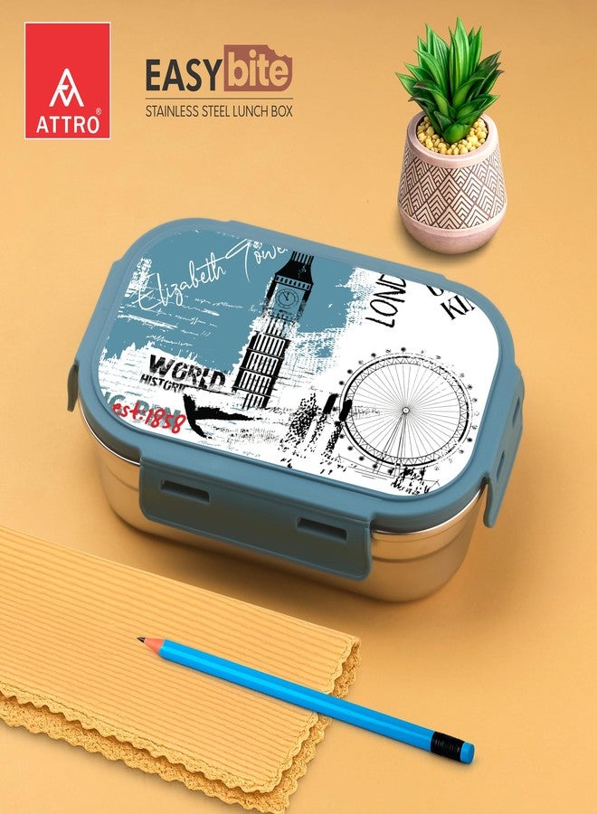 ATTRO علبة غداء ATTRO Easy Bite من الفولاذ المقاوم للصدأ، بهيكل داخلي من الفولاذ، وغطاء محكم الإغلاق بأربعة جوانب، وختم سيليكون مانع للتسرب، علبة صغيرة مثالية للمكتب والمدرسة ووجبات الأطفال - 650 مل + 150 مل - لون أزرق مستوحى من رحلة لندن - Image 3