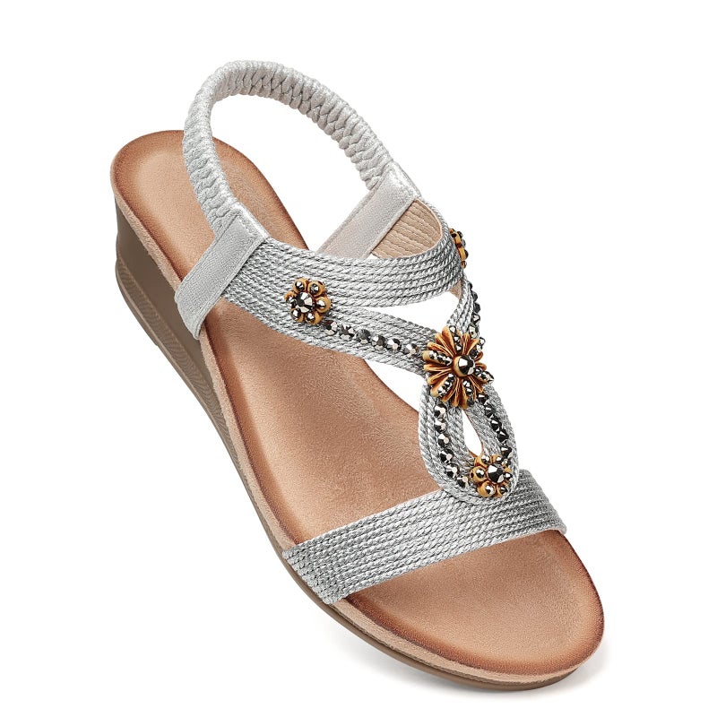 SHIBEVER Womens Wedge Sandals Flower Low Heel Platform Sandals Elastic Ankle Strap Rhinestone Summer Comfortable Shoes Silver 8.5 - Image 1