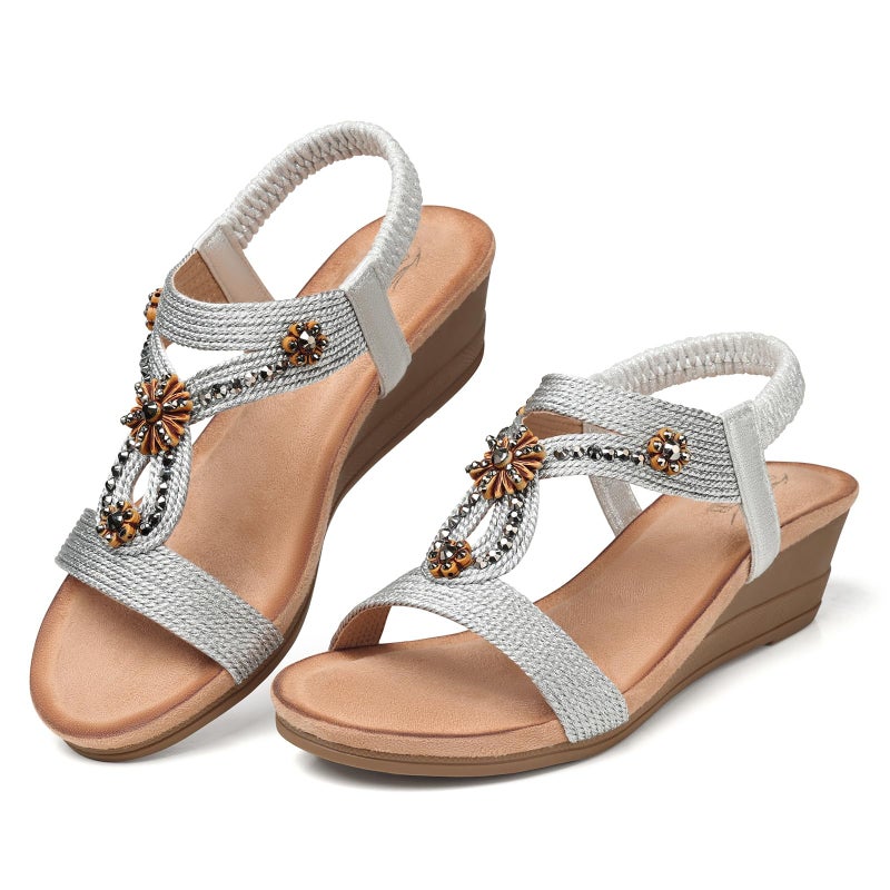 SHIBEVER Womens Wedge Sandals Flower Low Heel Platform Sandals Elastic Ankle Strap Rhinestone Summer Comfortable Shoes Silver 8.5 - Image 5